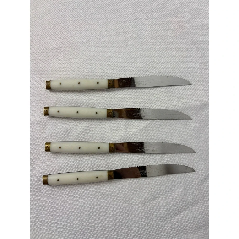 Vintage French Steak Knives Set of 4‎ Serrated Stainless Steel Cream Handles
